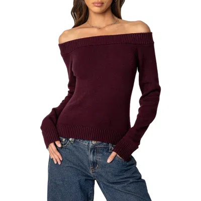 Edikted Elona Off The Shoulder Long Sleeve Knit Top In Burgundy