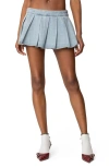 Edikted Elyssa Pleated Denim Miniskort In Light-blue
