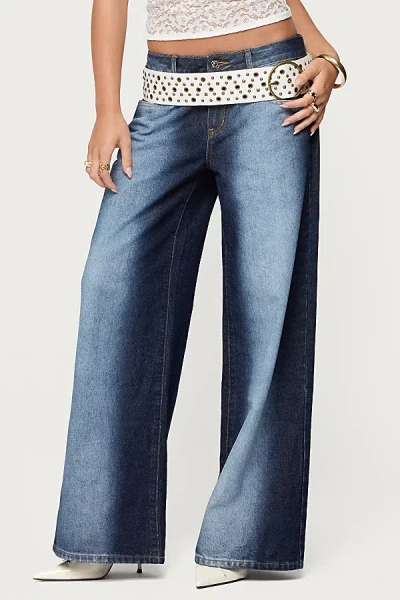 Edikted Ema Bleach Washed Low Rise Jeans In Dark/blue, Women's At Urban Outfitters