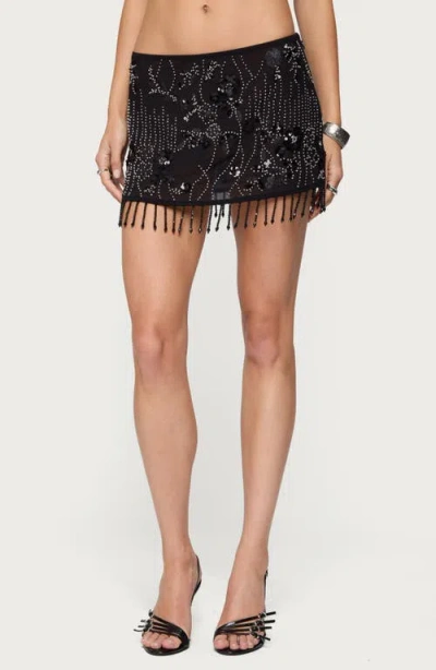 Edikted Embellished Beaded Sequin Fringe Miniskirt In Black