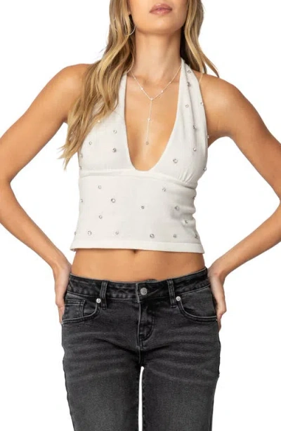 Edikted Embellished Crop Halter Top In Cream