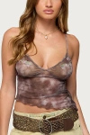 Edikted Embroidered Asymmetric Printed Mesh Top In Brown, Women's At Urban Outfitters In Brown