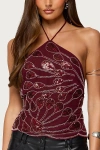 Edikted Beaded Sequin Open Back Halter Top In Red