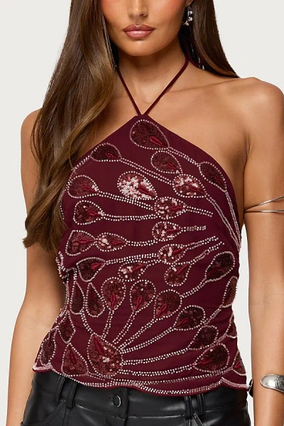 Edikted Beaded Sequin Open Back Halter Top In Red