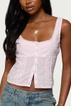 Edikted Embroidered Cotton Button Up Top In Light/pink, Women's At Urban Outfitters In Pink