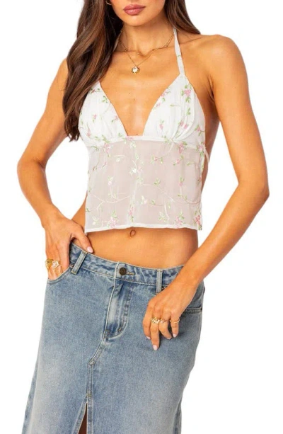 Edikted Embroidered Floral Open Back Crop Halter Top In White