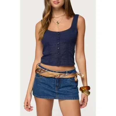 Edikted Embroidered Front Button Crop Tank In Blue