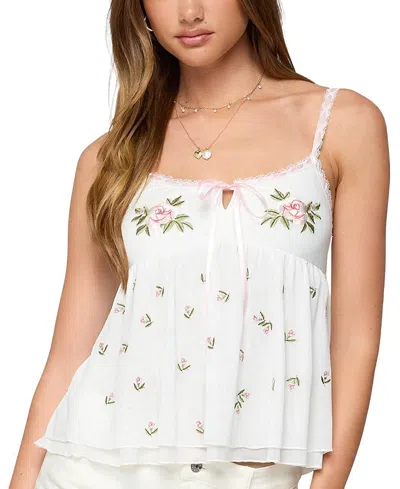 Edikted Embroidered Layered Mesh Babydoll Top In White