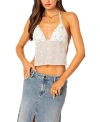 Edikted Embroidered Floral Open Back Crop Halter Top In White