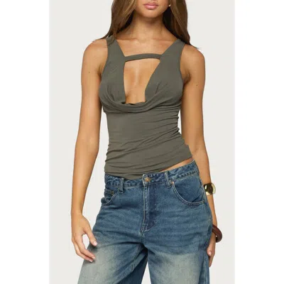 Edikted Emeri Deep Cowl Neck Cutout Top In Olive