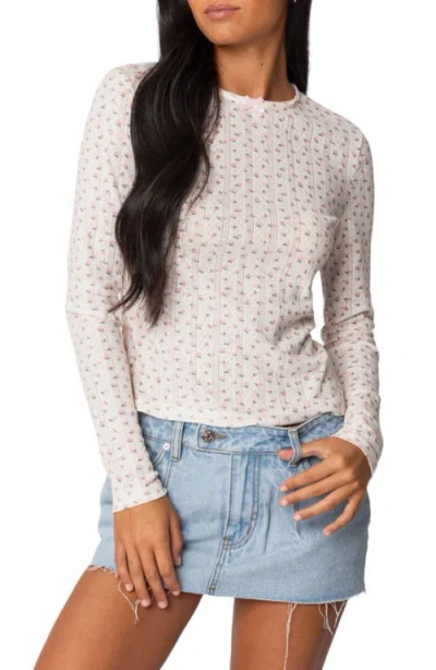 Edikted Emery Floral Print Pointelle Top In Cream