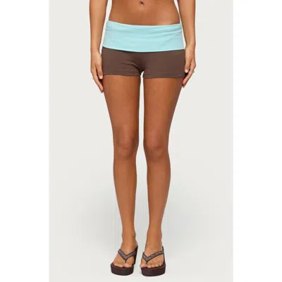 Edikted Emmey Contrast Foldover Waistband Shorts In Brown