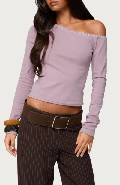 Edikted Emmiline Lace Off The Shoulder Crop Top In Purple