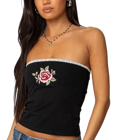 Edikted Enora Rose Embroided Cotton Tube Top In Black