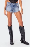 Edikted Erika Low Rise Frayed Denim Shorts In Blue