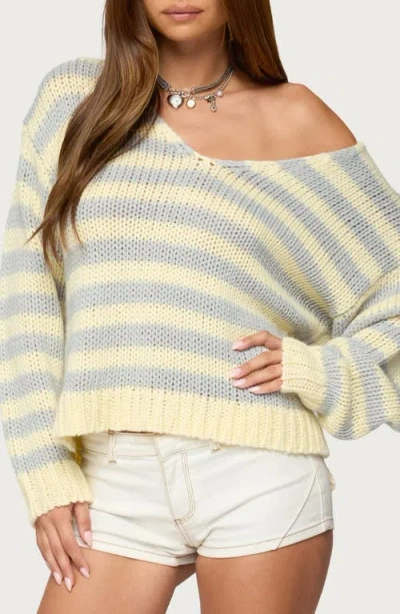 Edikted Eugenie Stripe Oversize Off The Shoulder Sweater In Yellow