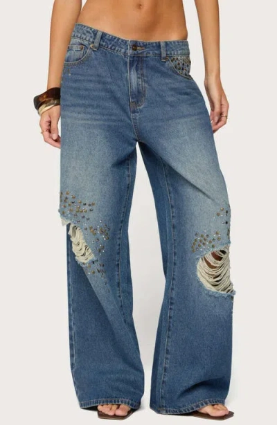 Edikted Eunia Studded Low Rise Baggy Wide Leg Jeans In Blue