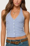 Edikted Evan Gingham Button Up Halter Top In Blue