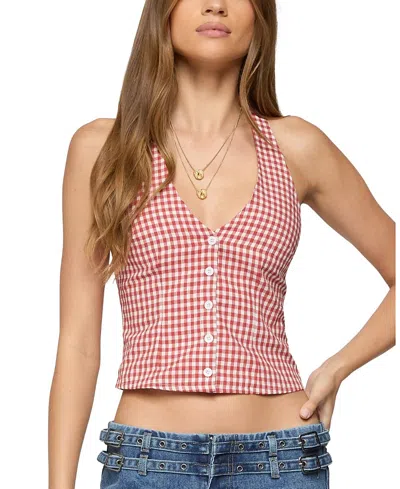 Edikted Evan Gingham Button Up Halter Top In Red