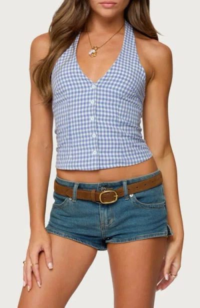 Edikted Evan Gingham Button Up Halter Top In Blue