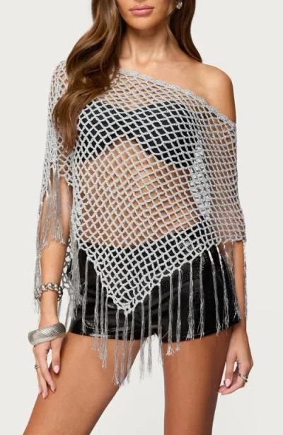 Edikted Evette Fringe Metallic Poncho In Silver