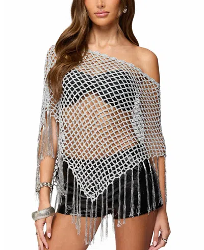 Edikted Evette Fringe Open Knit Metallic Poncho In Silver