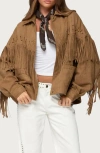 Edikted Evonka Fringe Faux Suede Jacket In Brown