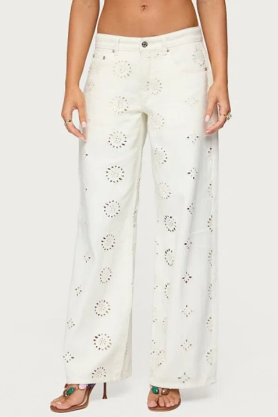 Edikted Eyelet Embroidered Low Rise Wide Leg Jeans In White
