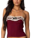 Edikted Eyelet Ruffle Strapless Top In Burgundy