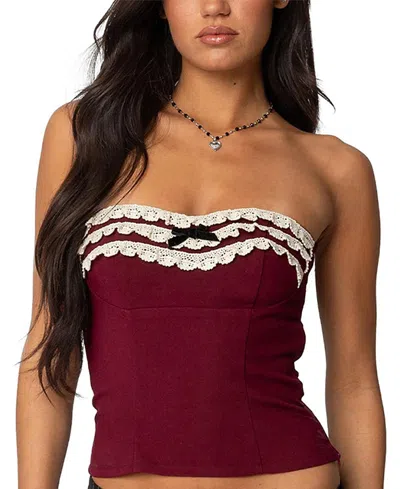 Edikted Eyelet Ruffle Strapless Top In Burgundy
