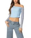 Edikted Fabia One-shoulder Long Sleeve Lace Crop Top In Light Blue