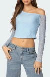 Edikted Fabia One-shoulder Long Sleeve Lace Crop Top In Light-blue