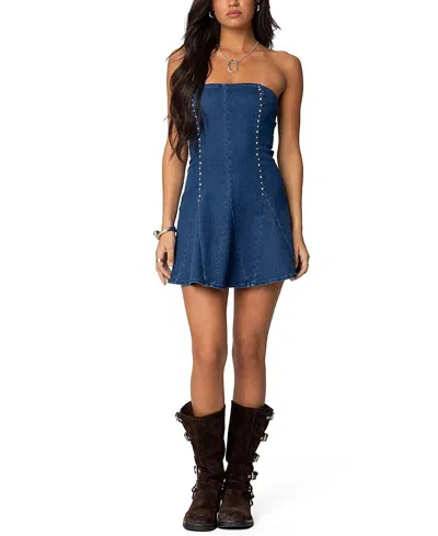 Edikted Fara Strapless Denim Mini Dress In Blue