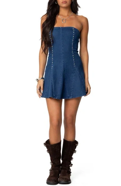 Edikted Fara Studded Strapless Godet Denim Minidress In Blue