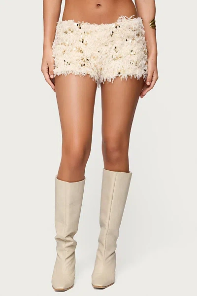 Edikted Faux Feather Sequin Micro Shorts In Cream, Women's At Urban Outfitters In White
