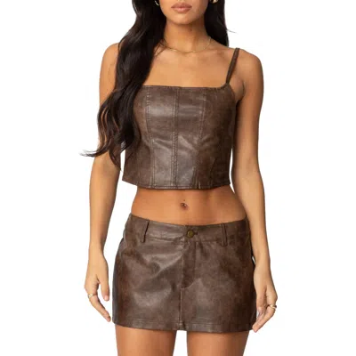 Edikted Faux Leather Crop Top In Brown-washed