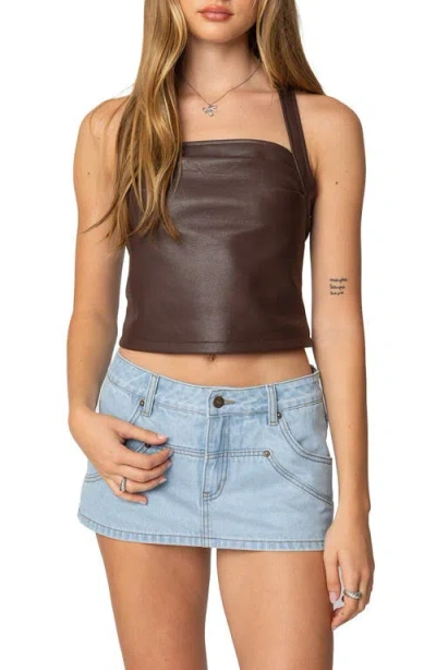 Edikted Faux Leather Halter Crop Top In Brown