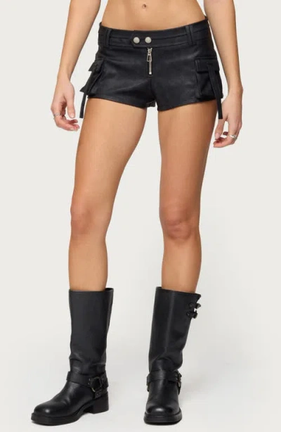 Edikted Faux Leather Micro Cargo Shorts In Black