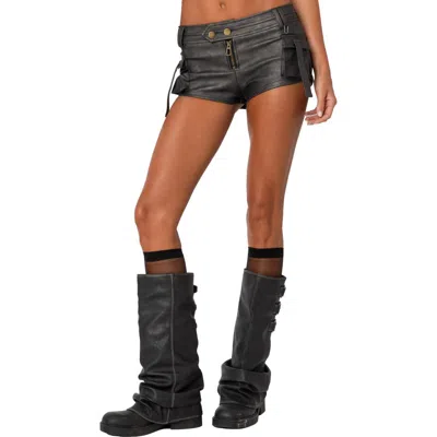 Edikted Faux Leather Micro Cargo Shorts In Black-washed