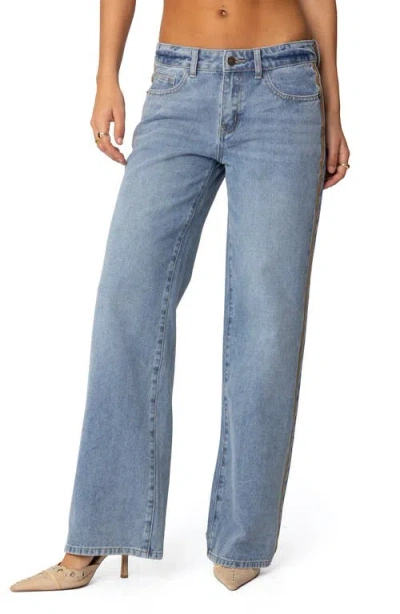 Edikted Faux Suede Stripe Low Rise Wide Leg Jeans In Blue