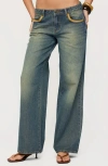Edikted Faux Suede Star Low Rise Blue Wash Jeans In Blue