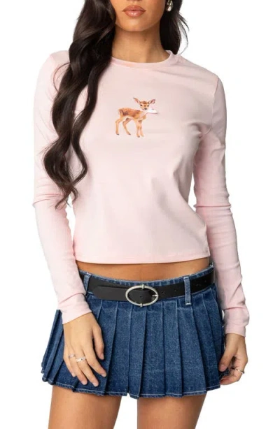 Edikted Fawn Bow Embellished Long Sleeve Cotton Graphic T-shirt In Light-pink