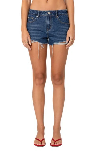 Edikted Fern Cutoff Denim Shorts In Blue-washed