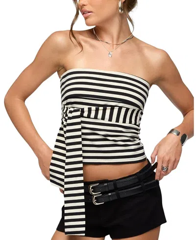 Edikted Finly Striped Tie Front Strapless Top In White