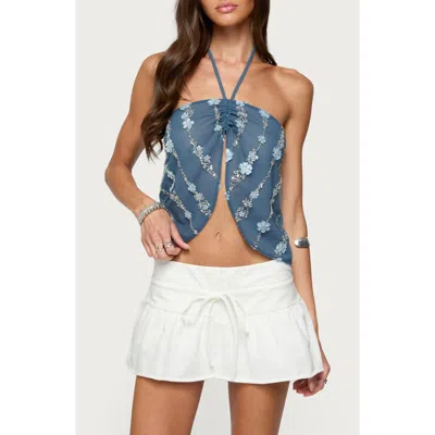 Edikted Floral Beaded Sequin Split Chiffon Halter Top In Blue