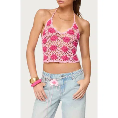Edikted Contrast Floral Crochet Halter Top In Pink
