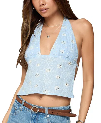 Edikted Floral Eyelet Backless Halter Top In Blue