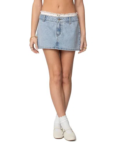 Edikted Floral Peekaboo Denim Mini Skirt In Light-blue