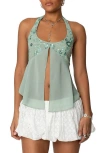 Edikted Floral Sequin Split Chiffon Halter Top In Sage