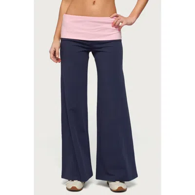 Edikted Foldover Contrast Wide Leg Pants In Blue